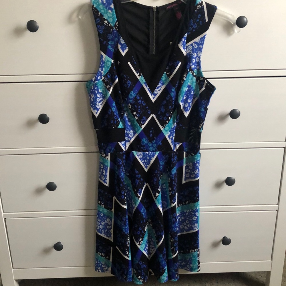 Blue geometric and floral sleeveless dress